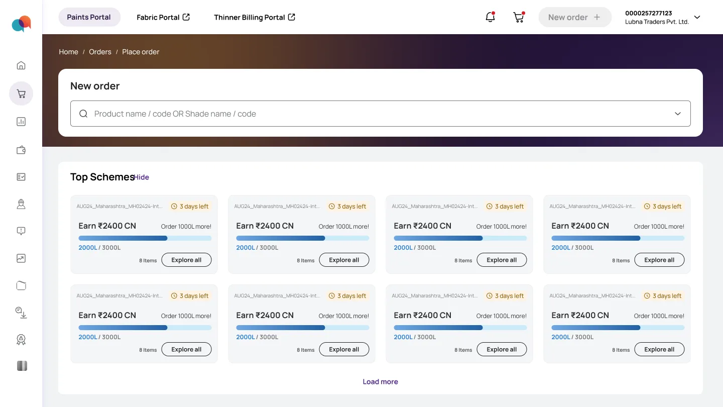 Shipped — New order page with single product/shade search bar and top schemes