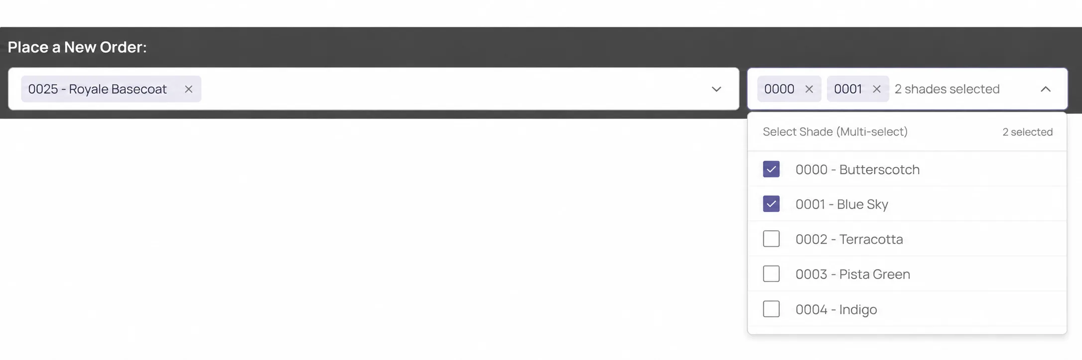 Intermediate flow — single search bar with a multi-select shade dropdown (2 shades selected)