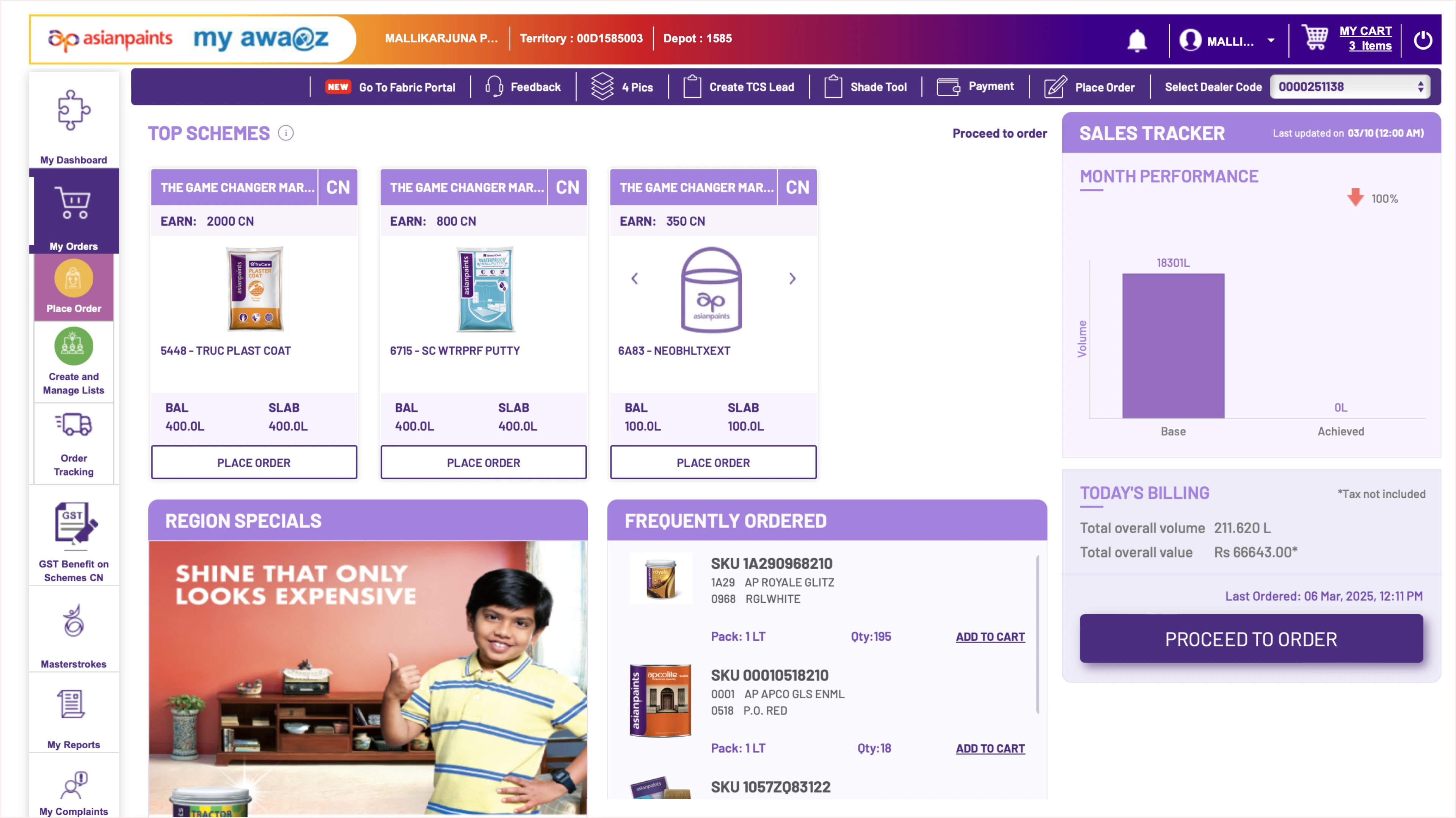 The legacy MyAwaaz Top Schemes / Place Order screen — purple UI with scheme cards, Region Specials and a Sales Tracker panel