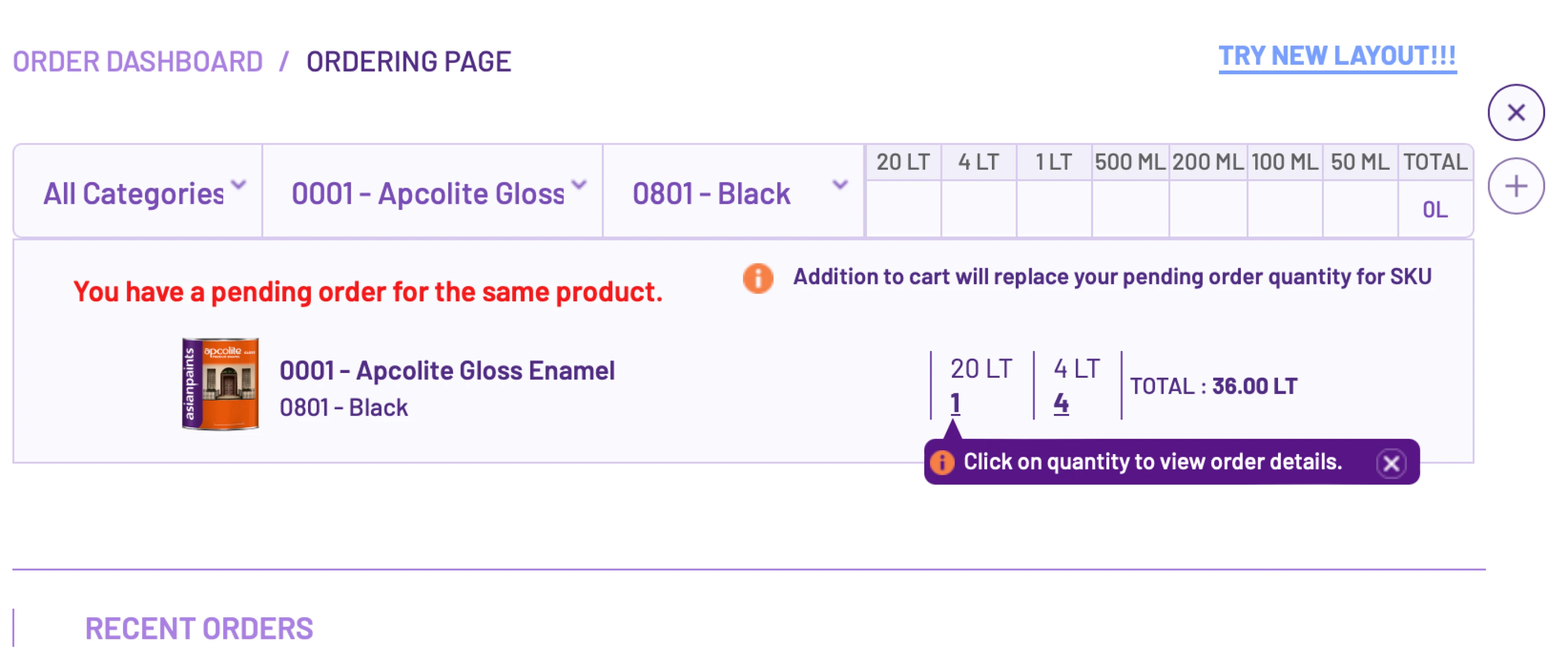 Option 2 — the old replace-order UI: a red 'You have a pending order for the same product' warning with a product-level message, the pending quantities (20 LT, 4 LT) shown as clickable numbers, and a tooltip 'Click on quantity to view order details'