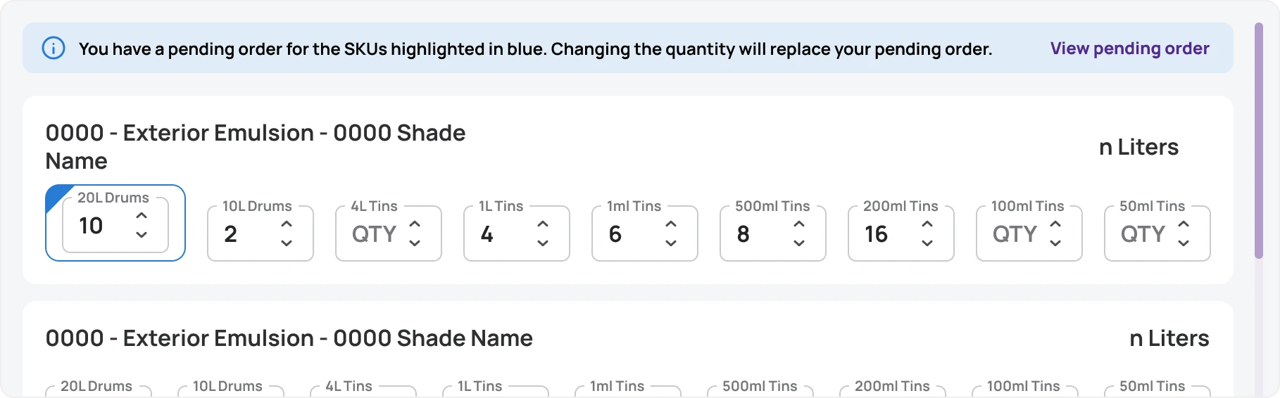 Option 3 — the new replace-order UI: a calm blue notification 'You have a pending order for the SKUs highlighted in blue. Changing the quantity will replace your pending order' with a 'View pending order' action, and the affected SKU quantity fields highlighted in blue, tied to the exact SKUs