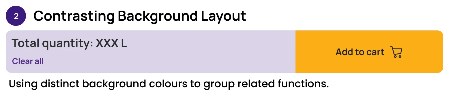 Option 2 — Contrasting Background Layout: total + Clear all on a tinted panel beside a solid Add to cart