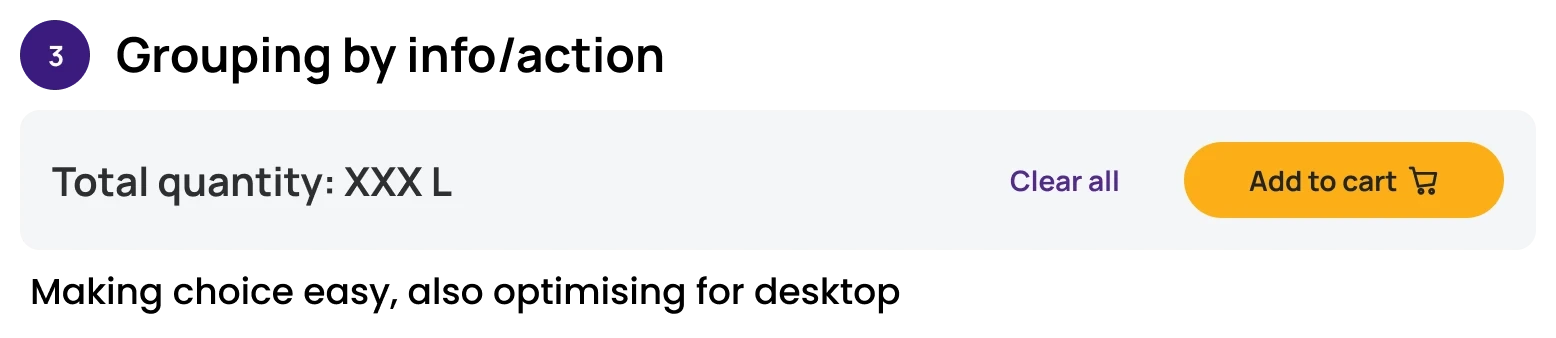 Option 3 — Grouping by info/action: total on the left, Clear all and Add to cart grouped on the right