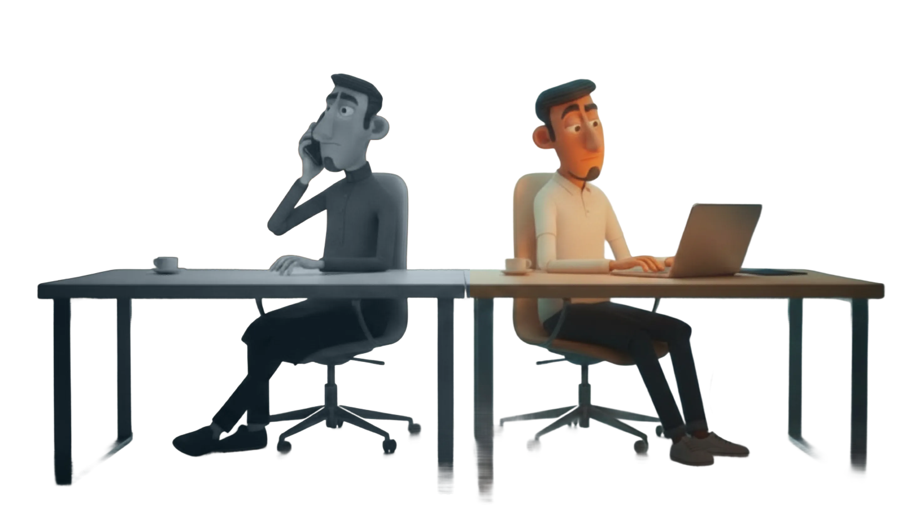 Two dealers back to back — one on a support call, one ordering on a glowing laptop