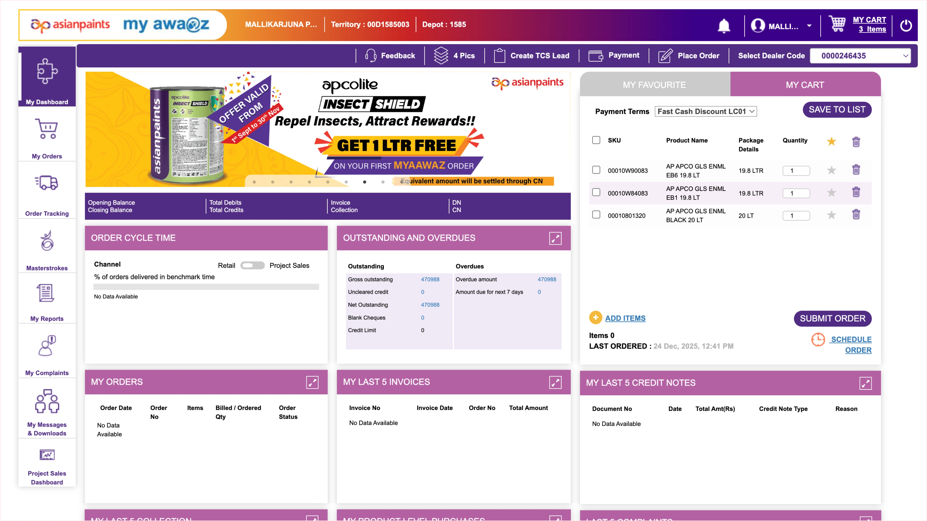 The legacy MyAwaaz dashboard — purple UI with Top Schemes, Region Specials and Proceed to Order