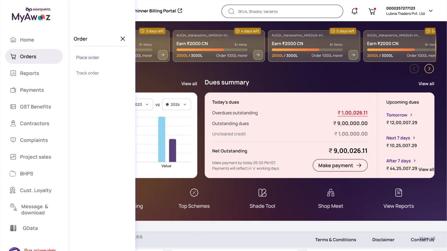 MyAwaaz portal homepage with a global header search bar — SKUs, Shades, Variants