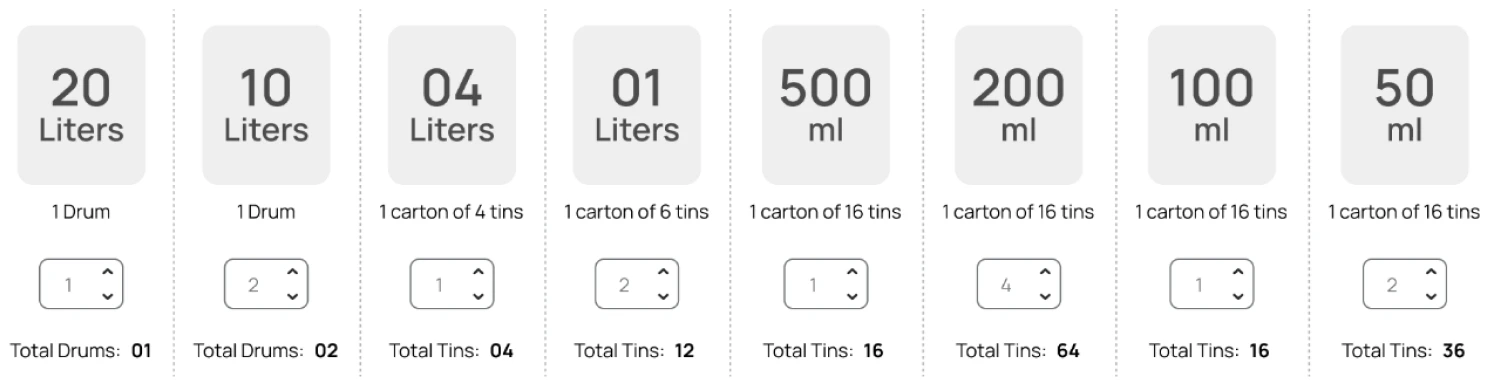 Option A — each field shows the full volume (20 Liters, 500 ml …), a carton description (1 carton of 16 tins), a quantity stepper, and a computed total (Total Tins: 16)